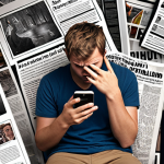 Digital Literacy Challenge**

*   Prompt: "A person looking overwhelmed by a flood of news articles and social media posts on a smartphone. Emphasis on the difficulty of filtering information and identifying fake news. Include elements representing source evaluation and critical thinking. Consider a slightly desaturated, chaotic feel."

**